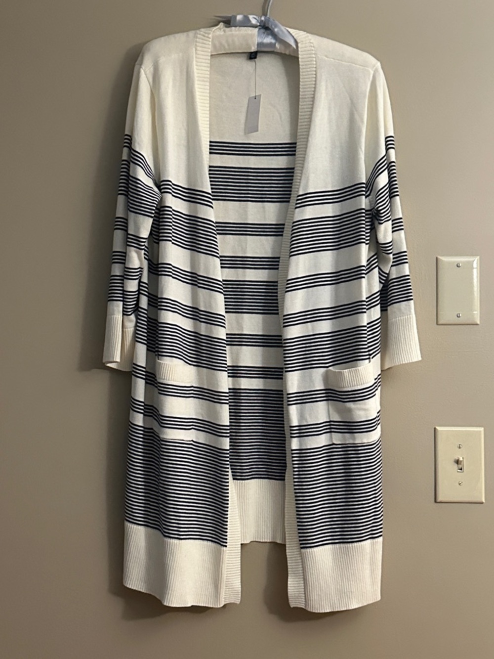 Open-Front Striped Long Cardigan Sweater - White & Black